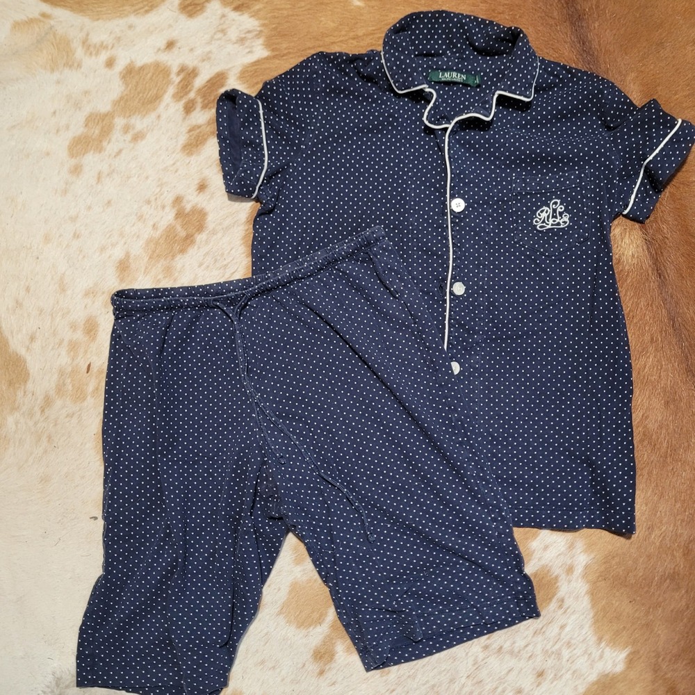 Lauren Ralph Lauren Navy Polka Dot Cotton Pajama Set Short Sleeve Shorts XS